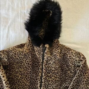 Fur Coat Jacket Hip Length Hooded Lined Cheetah Print